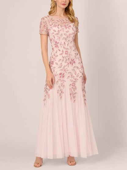 Handmade Beaded Short Sleeve Floral Guided Silk Gowns