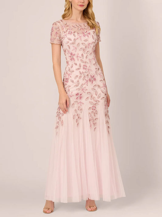 Handmade Beaded Short Sleeve Floral Guided Silk Gowns