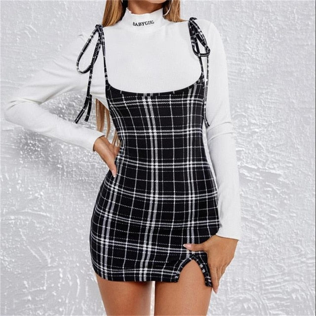 loveedsTM- Fashion Women Dress Check Dog Tooth Frill Ruffle Pinafore High Waist Bodycon Party Mini Dress Holiday Casual Slim Dress vestidos