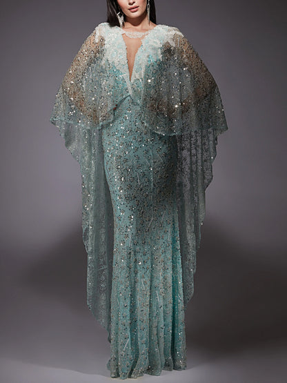 Solid Color Mesh Sequin Lace Maxi Dress