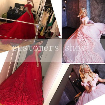 Romantic Poofy Pink Floral Wedding Dresses Off the Shoulder Ball Gown Quinceanera Dress SA933