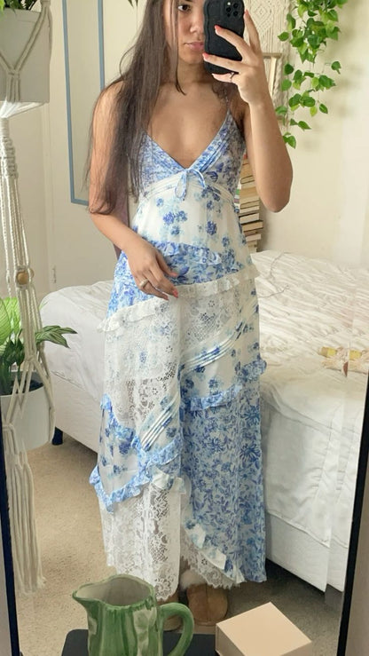 Blue Elegant Floral Delicate Lace Long Ball Gown Birthday/Garden Party Dress Evening Dress Prom Dress Holiday Date Night Dress gh4109