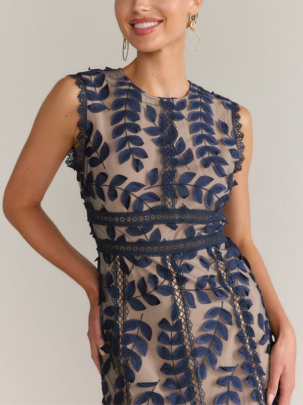 Round Neck Lace Mesh Midi Dress