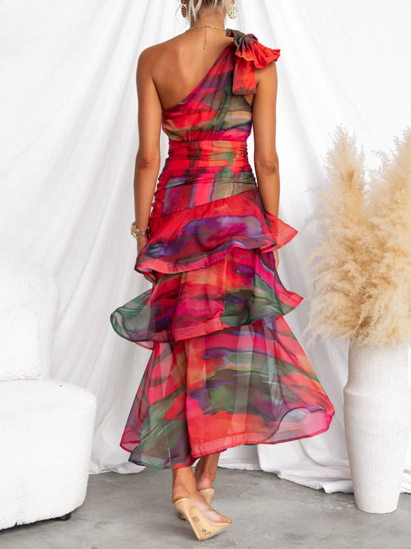 Elegant One-shoulder Chiffon Printed Ladies Dress