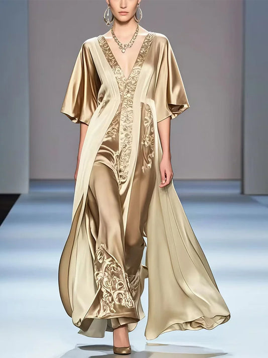 Champagne V-neck Silk Maxi Dress