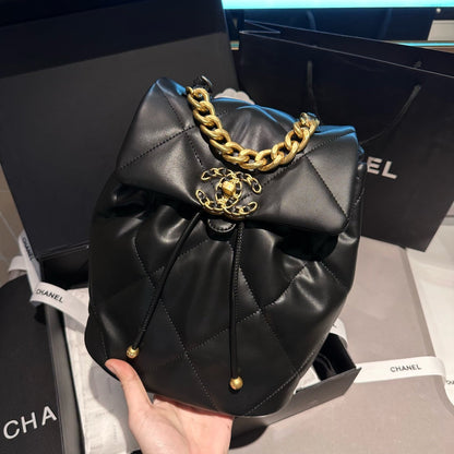 CHANEL 24C Black Lambskin Quilted 19 Flap Backpack Mixed Hardware