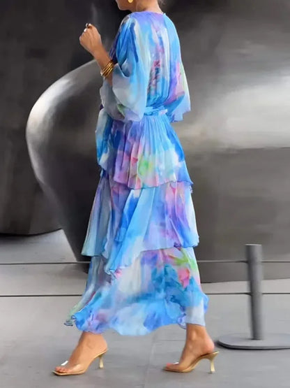 Flower Printed Gradient Ruffled Half Sleeves Maxi Dress