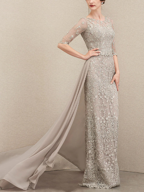 Round Neck Solid Color Lace Short Sleeves Maxi Dress