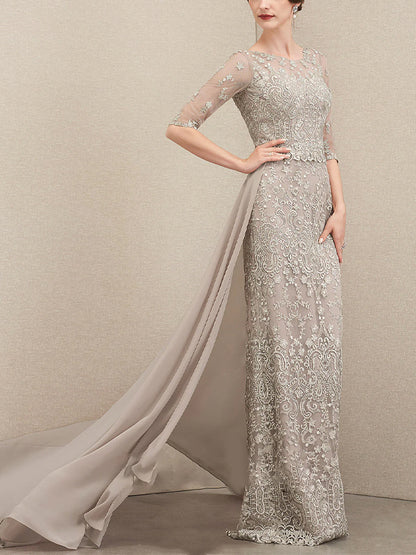 Round Neck Solid Color Lace Short Sleeves Maxi Dress