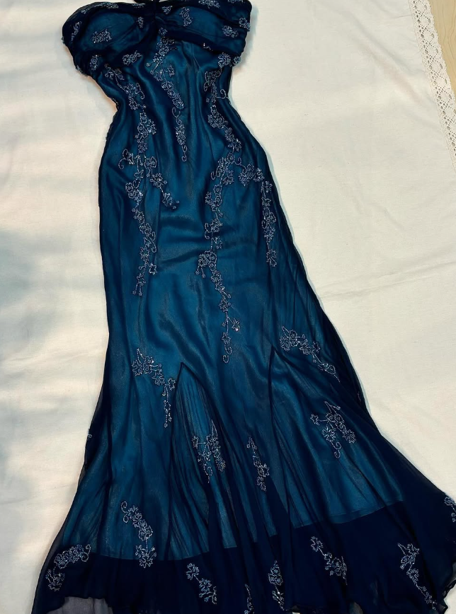 Vintage Mermaid Halter Beaded Navy Blue Chiffon Prom Dress Evening Dress SH2066