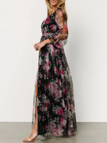 Temperament Split Mesh Printing Maxi Dress