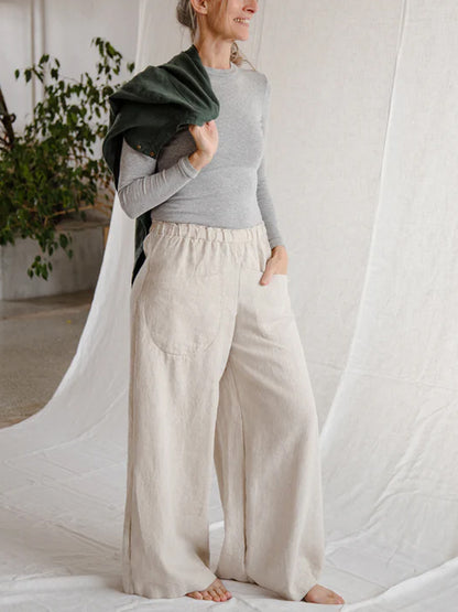 Solid Color Cotton And Linen Wide Leg Pants