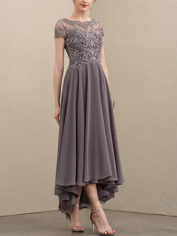Asymmetric Chiffon Lace Mom of the Bride Dress with Beaded Sequins