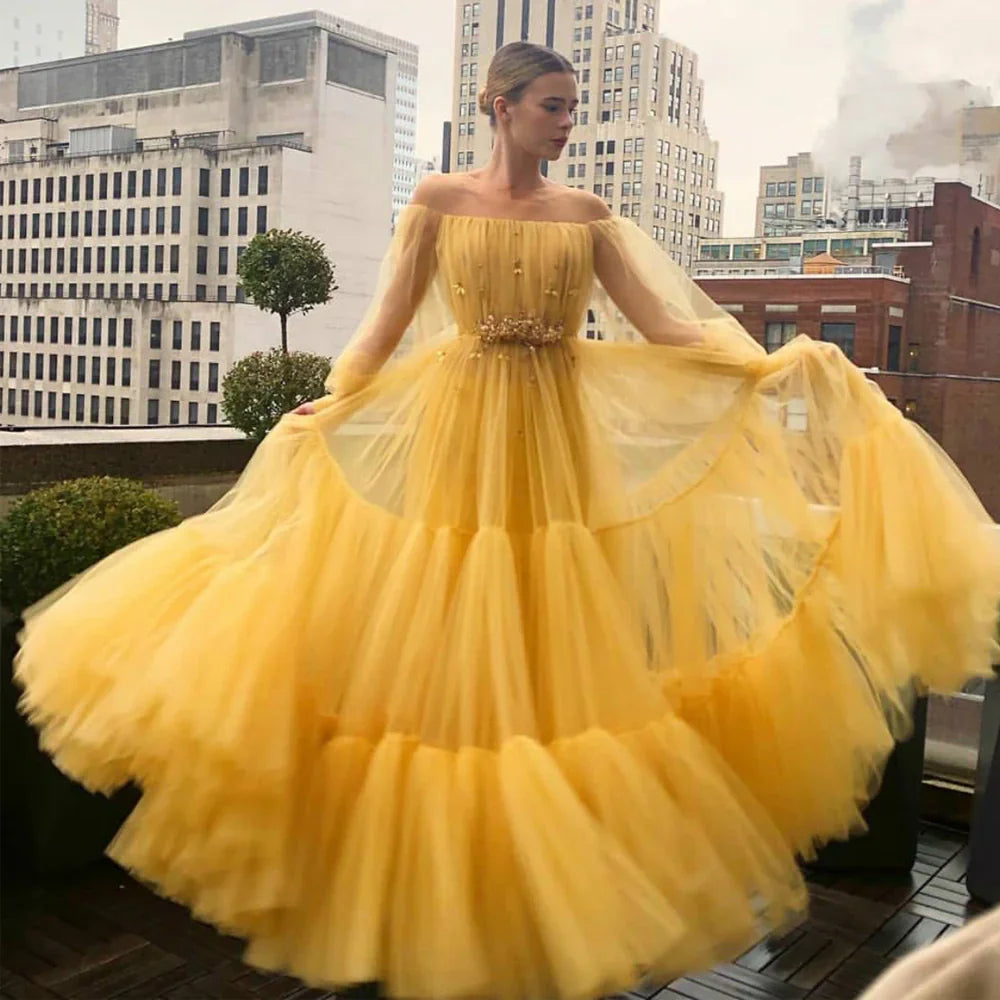 Yellow pretty fairy elegant exquisite beading A-line long sleeve long tulle ball gown evening dress gh2234