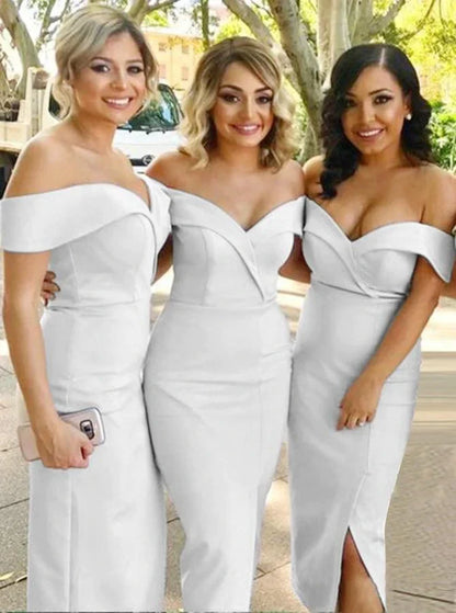 White Off The Shoulder Tea Length Satin Bridesmaid Dresses