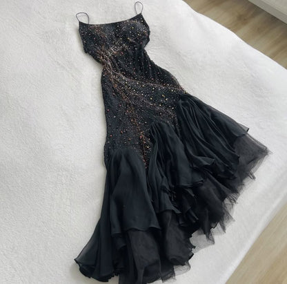 Black gorgeous fashion elegant exquisite beaded spaghetti straps long chiffon Ruffles women's vast universe prom dress evening dress holiday party dress gh3567