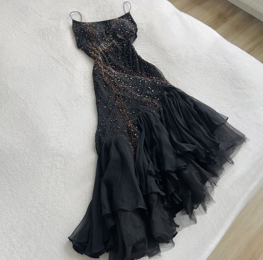 Black gorgeous fashion elegant exquisite beaded spaghetti straps long chiffon Ruffles women's vast universe prom dress evening dress holiday party dress gh3567