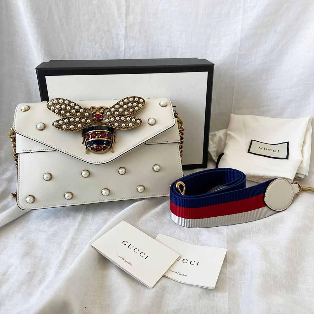 Gucci Off White Leather Broadway Pearly Bee Shoulder Bag