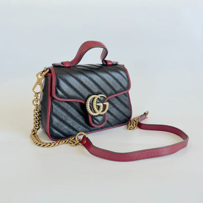 Gucci Black/Red Diagonal Quilt Leather Mini GG Marmont Bag