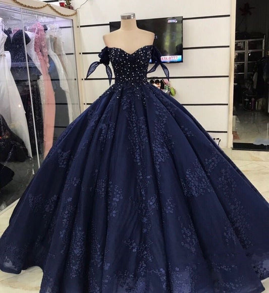 Blue shiny elegant floral A-line long tulle ball gown evening dress gh3342