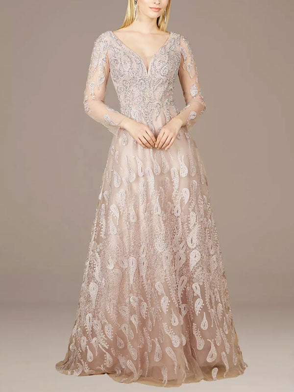 Embroidered Illusion Long Sleeve Ball Gown