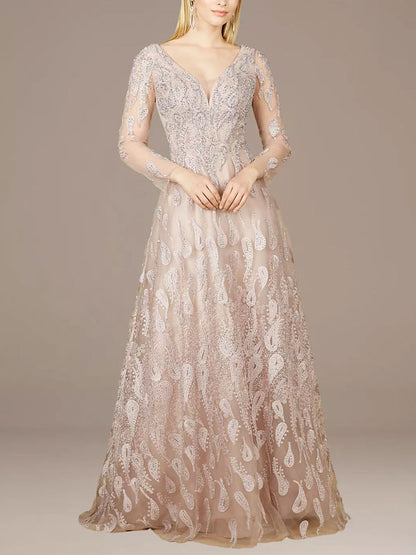Embroidered Illusion Long Sleeve Ball Gown