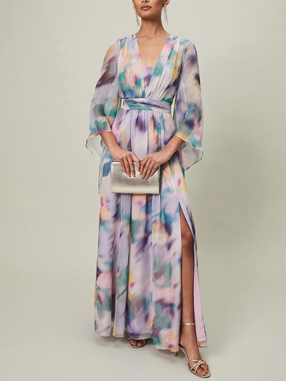 V-neck Irregular Cuffs Chiffon Temperament Women's Dress