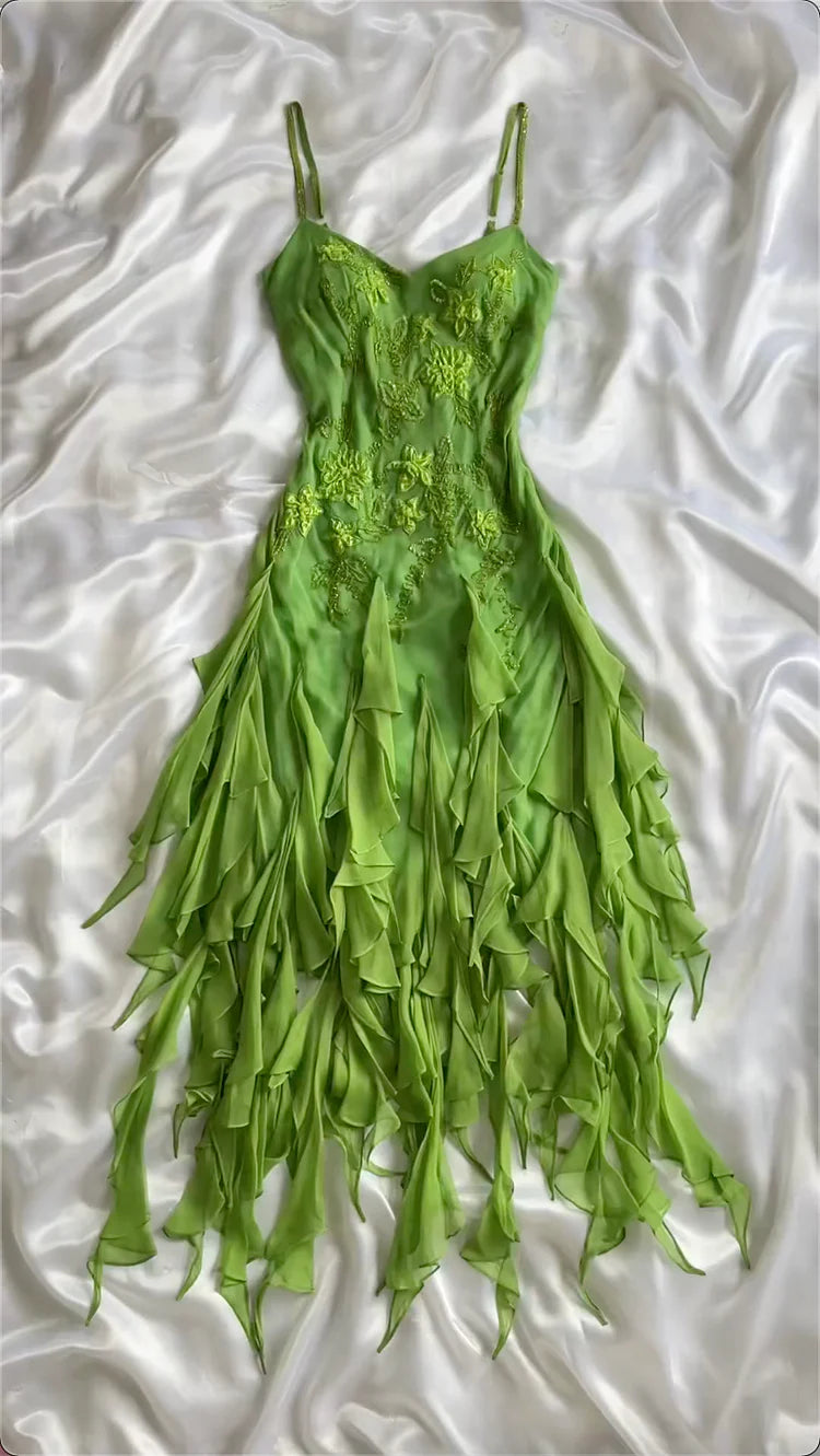 Charming A Line Spaghetti Strap Beaded Ruffle Green Chiffon Prom Dress SH2111