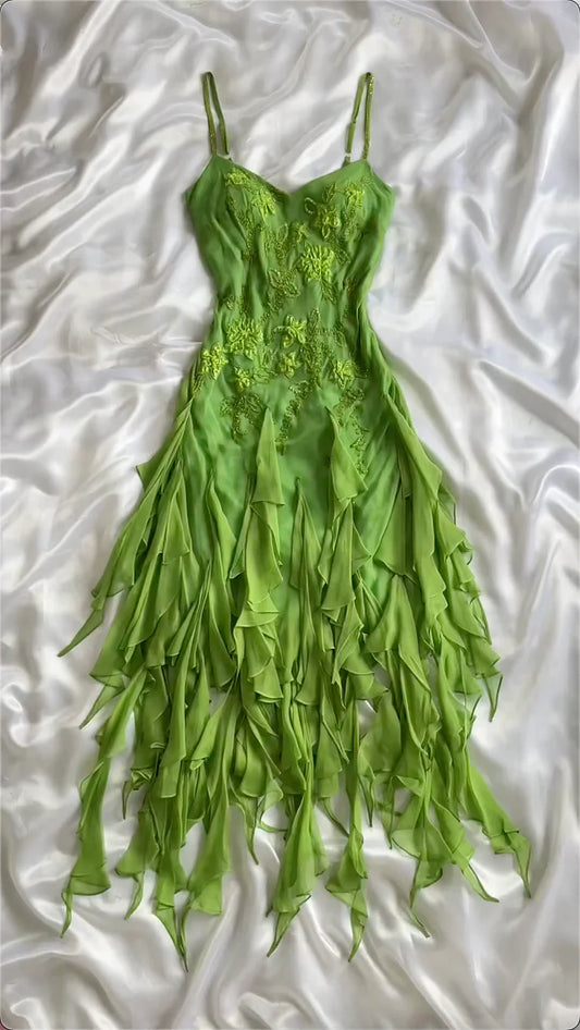 Charming A Line Spaghetti Strap Beaded Ruffle Green Chiffon Prom Dress SH2111