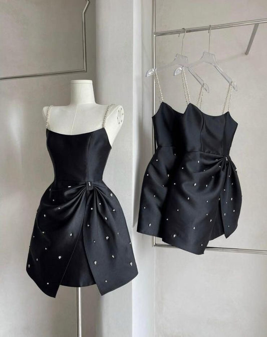 Black Beaded Short Satin Homecoming Dress Prom Dress Birthday Dress gh4927