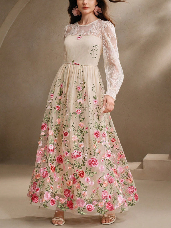 Women's Lace Embroidered Floral Transparent Lantern Sleeve Dress