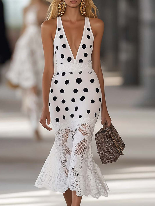 White V-neck Polka Dot Print Patchwork Lace Hem Midi Dress