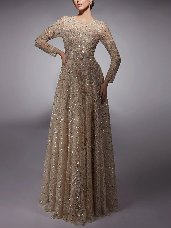 Round Neck Long Sleeve Sequin Solid Color Maxi Dress