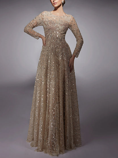 Round Neck Long Sleeve Sequin Solid Color Maxi Dress