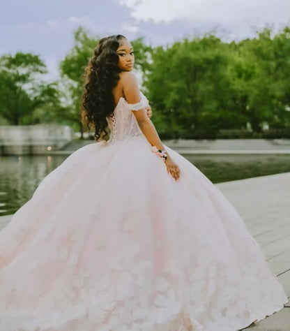 Princess Pink Ball Gown Off the Shoulder Appliques Tulle 16th Birthday Dress Prom Dress SH3842