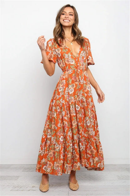loveedsTM-Red Dot Print Boho Long Chiffon Summer Beach Elegant Midi Women's Dress Floral V-Neck Folds Ruffles Wrap Dresses Split Vestidos