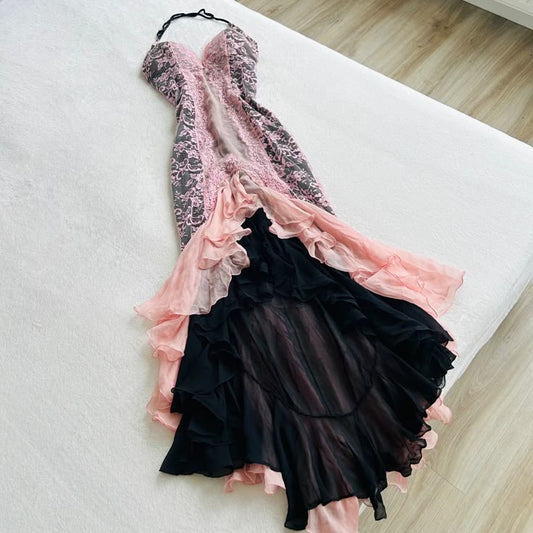 Pink fashion elegant backless halter exquisite lace A-line long prom dress evening gown party dress gh2929