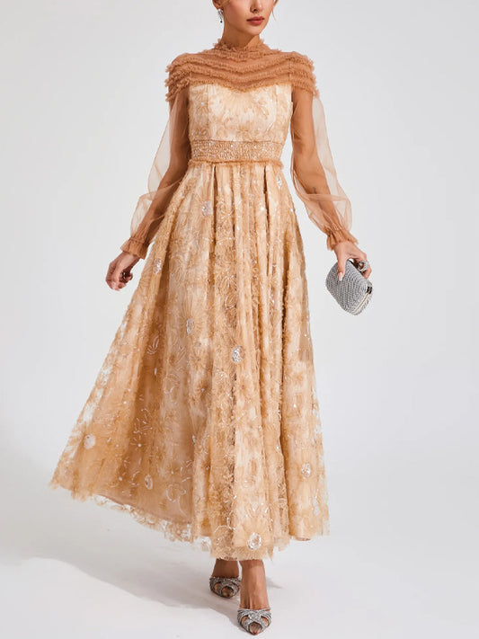 Mesh Lace Solid Color Long Sleeves Maxi Dress