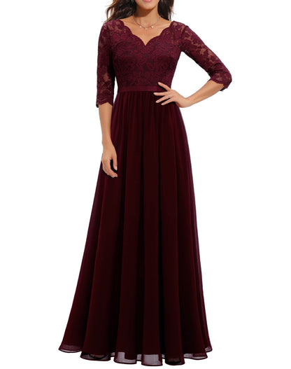 loveedsTM- Women&#39;s Elegant Vintage V Neck 3/4 Sleeve Floral Lace Chiffon Wedding Bridesmaid Maxi Dress Long Formal Dresses