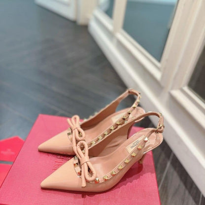 VALENTINO ROCKSTUD BOW SLINGBACK PUMP IN PATENT WITH MATCHING STUDS CINNAMON PINK WS0IB8TZEGF10