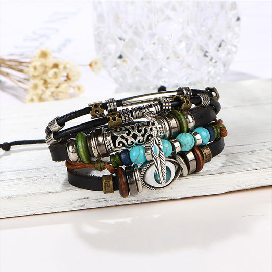 Blue Eye Bracelet Beaded Multilayer Leather Bracelet Vintage Punk Turquoise Bracelet