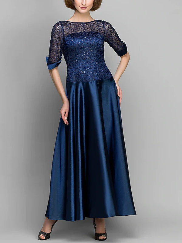 Round Neck Lace Solid Color Midi Dress