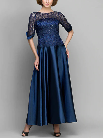 Round Neck Lace Solid Color Midi Dress