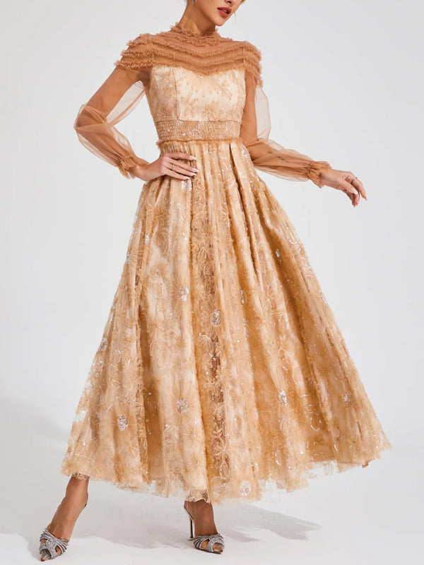 Mesh Lace Solid Color Long Sleeves Maxi Dress