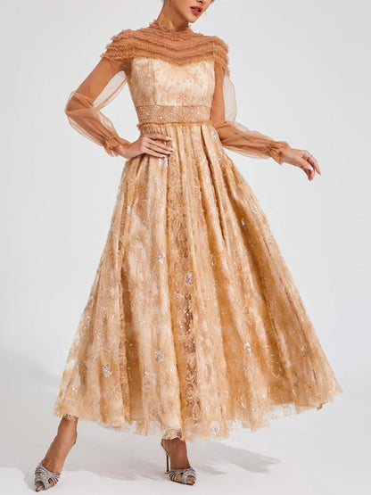 Mesh Lace Solid Color Long Sleeves Maxi Dress