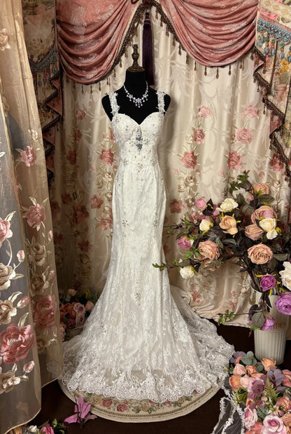 White lace fishtail backless elegant long tulle trailing ball gown evening dress wedding dress  gh4385