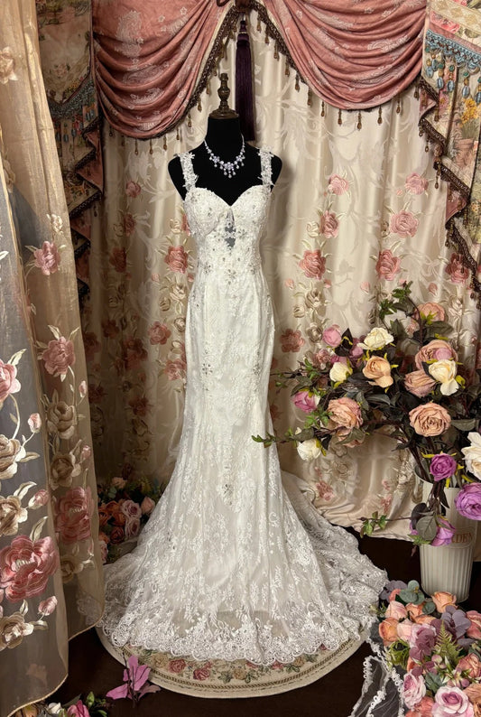 White lace fishtail backless elegant long tulle trailing ball gown evening dress wedding dress  gh4385