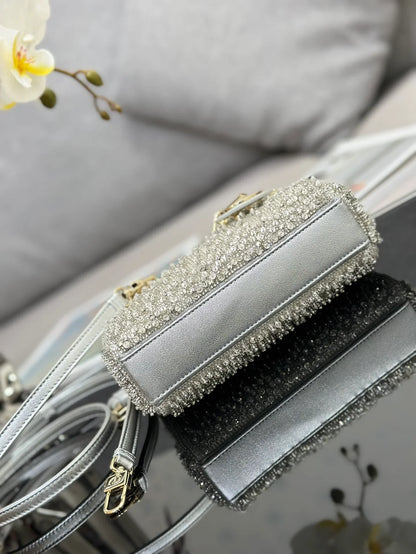 Dior LAdy D-Joy Silver-Tone Satin with Gradient Bead Embroidery - 16 x 9 x 5 cm