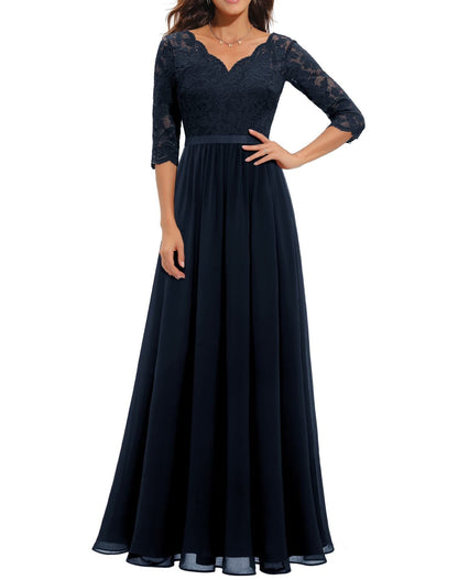 loveedsTM- Women&#39;s Elegant Vintage V Neck 3/4 Sleeve Floral Lace Chiffon Wedding Bridesmaid Maxi Dress Long Formal Dresses