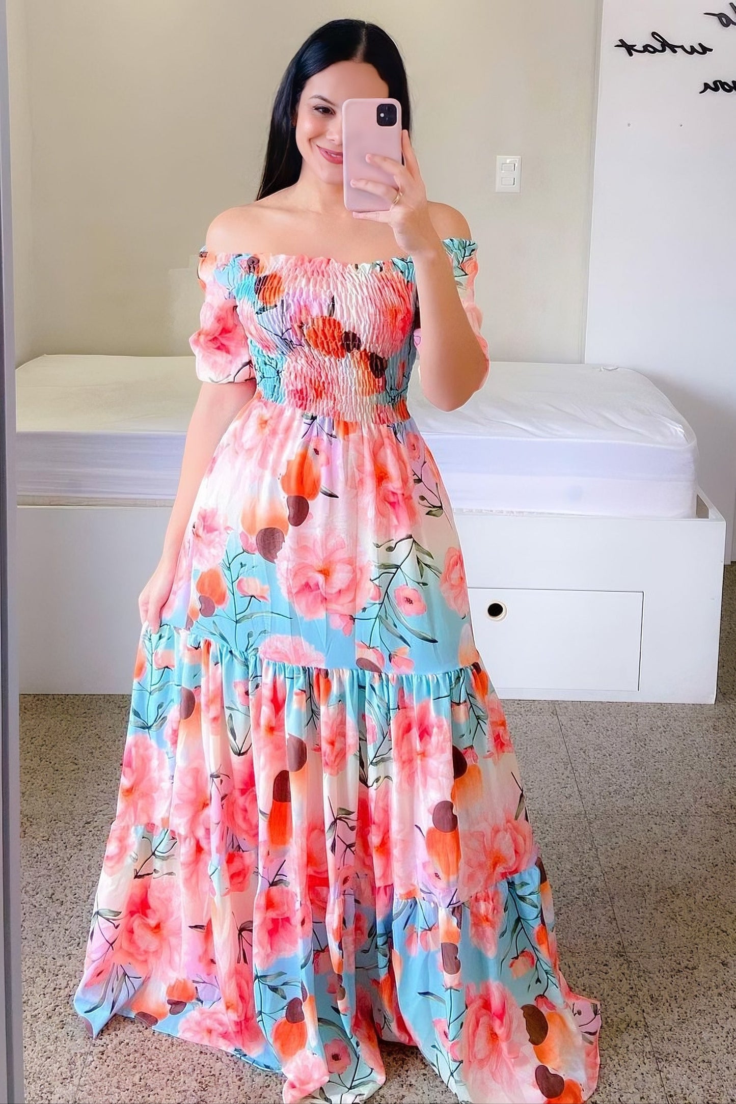 loveedsTM-One-shoulder floral off-shoulder long printed dress